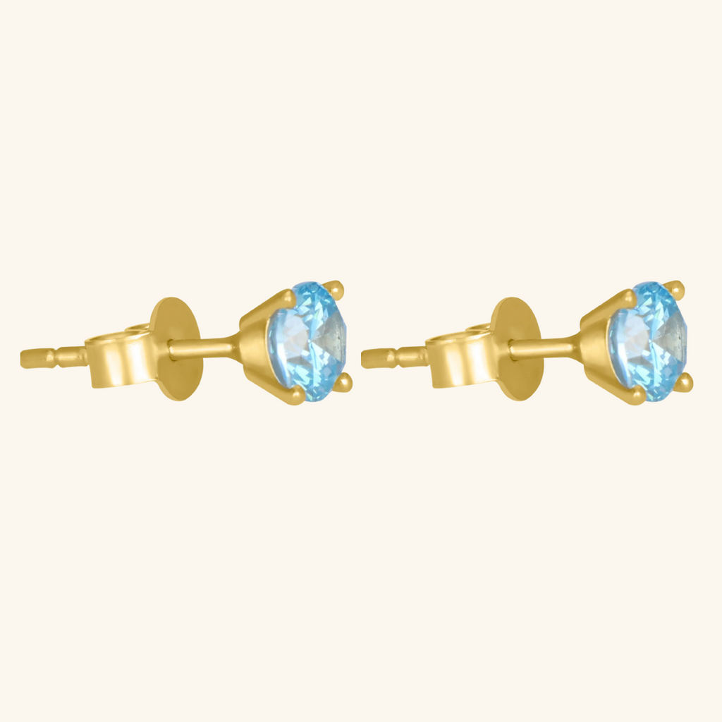 Close-up of push back post lock on Birthstone Round Earring December Topaz Cz 18k gold – Foundry