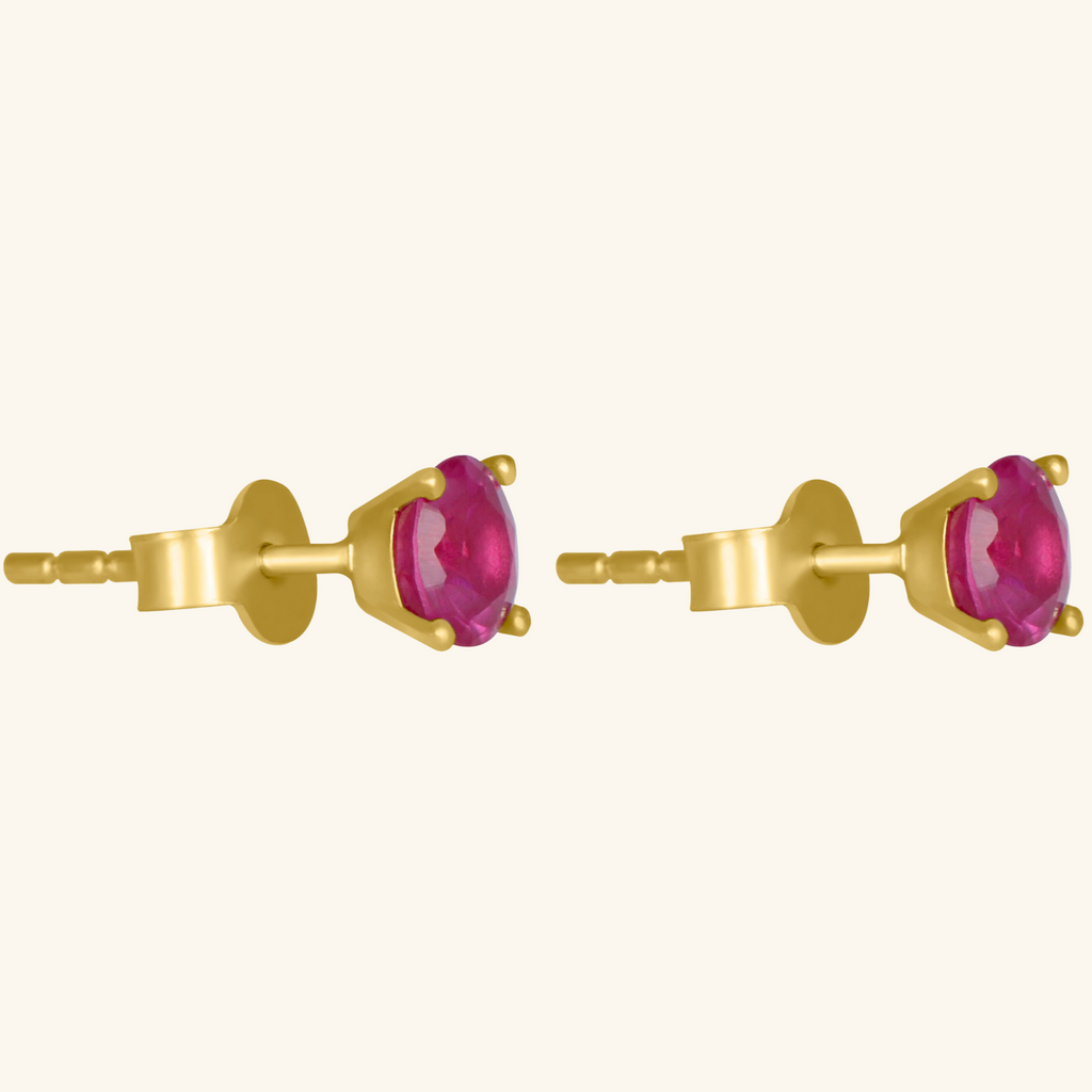 Close-up of push back post lock on Birthstone Round Earring July Ruby 18k gold – Foundry