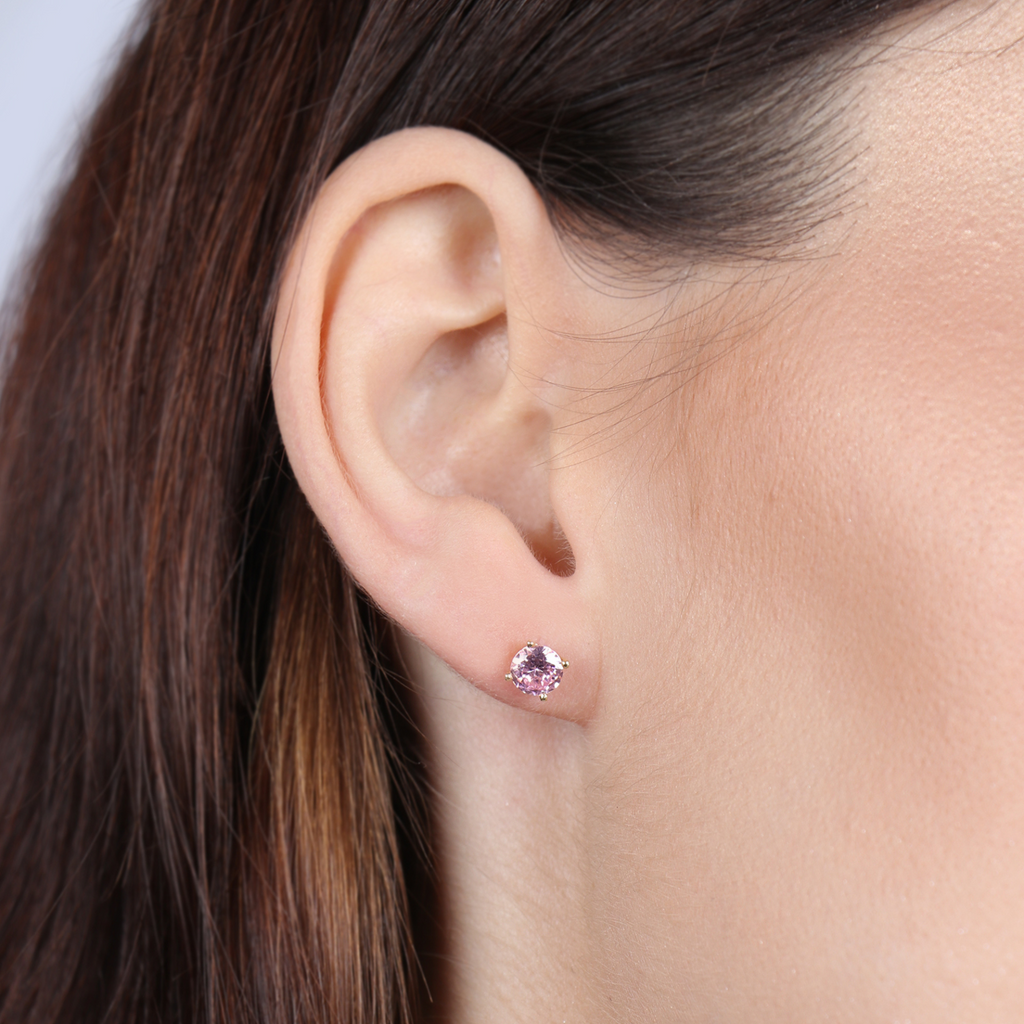 18k gold Birthstone Round Earrings October Tourmaline CZ, front view – Foundry Jewelry