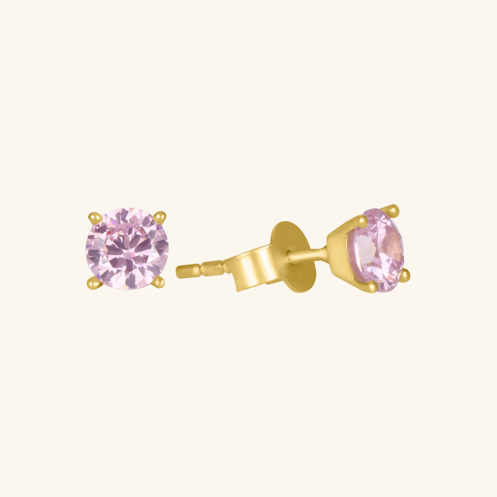 18k gold Birthstone Round earrings October Tourmaline CZ, side view – Foundry Jewelry