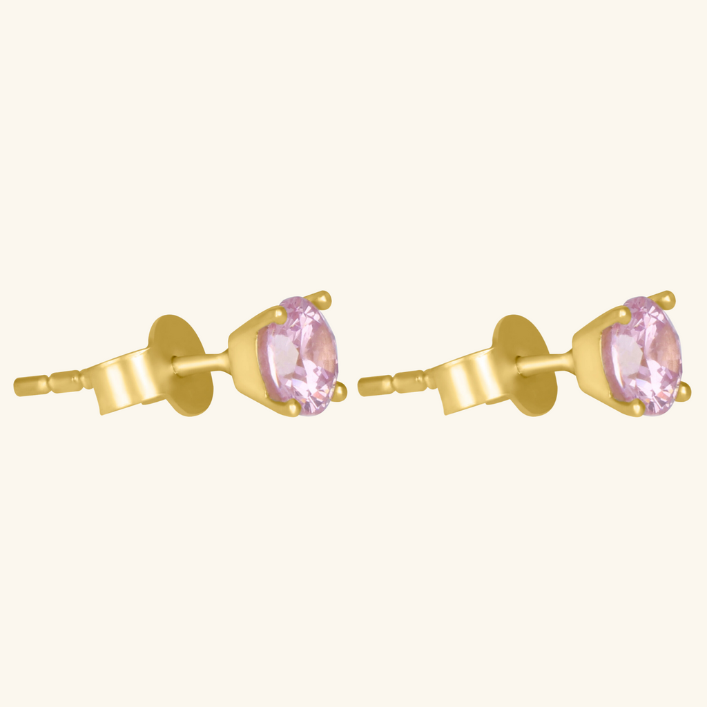 Close-up of push back post lock on Birthstone Round Earrings October Tourmaline CZ 18k gold – Foundry
