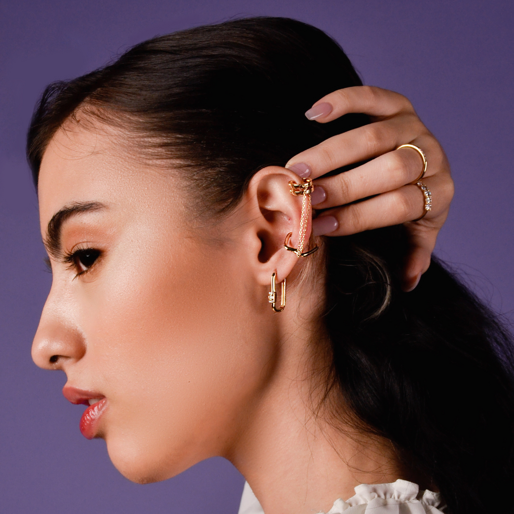 Block Large U Hoops 14k gold stacked on model ear – Foundry