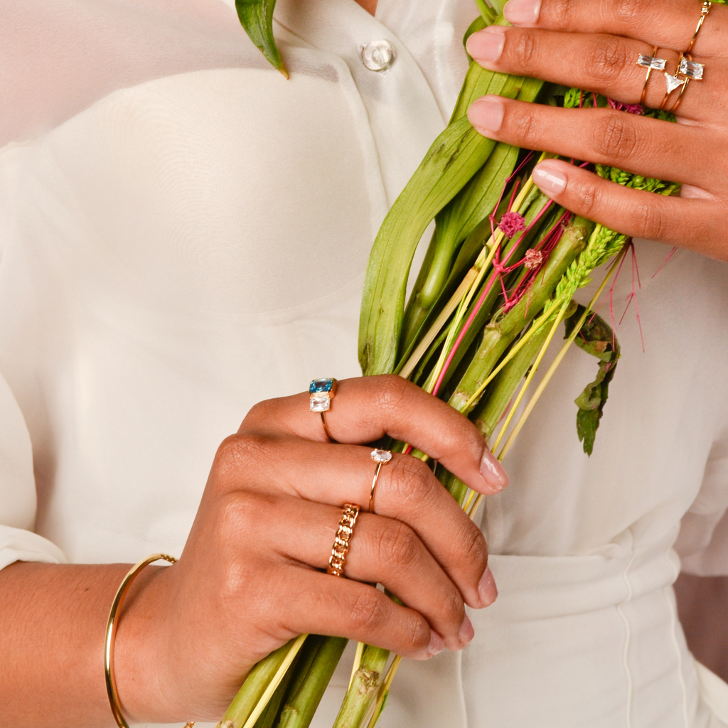 Blue & White Gemstone Ring 14k gold stacked  on model finger– Foundry