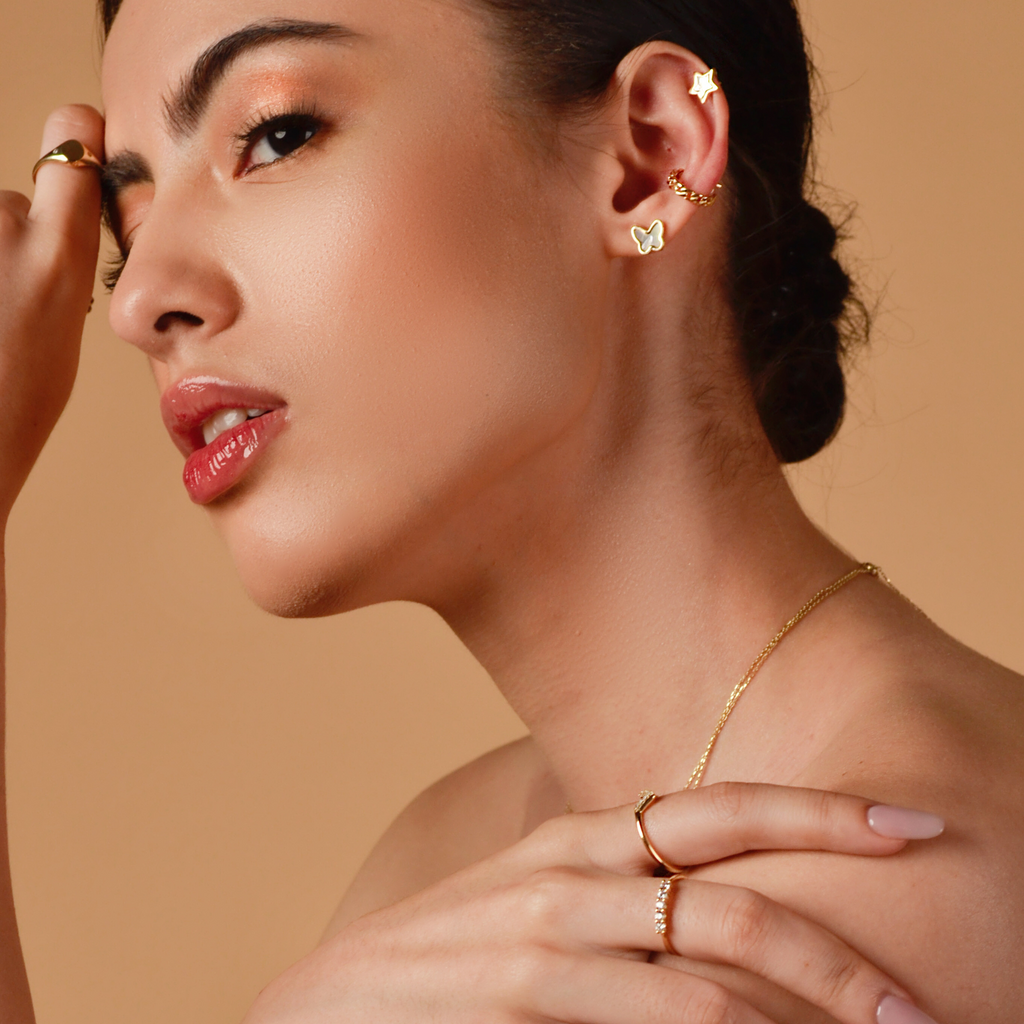 Bold Line Stacker Ring 14k gold stacked on model finger – Foundry