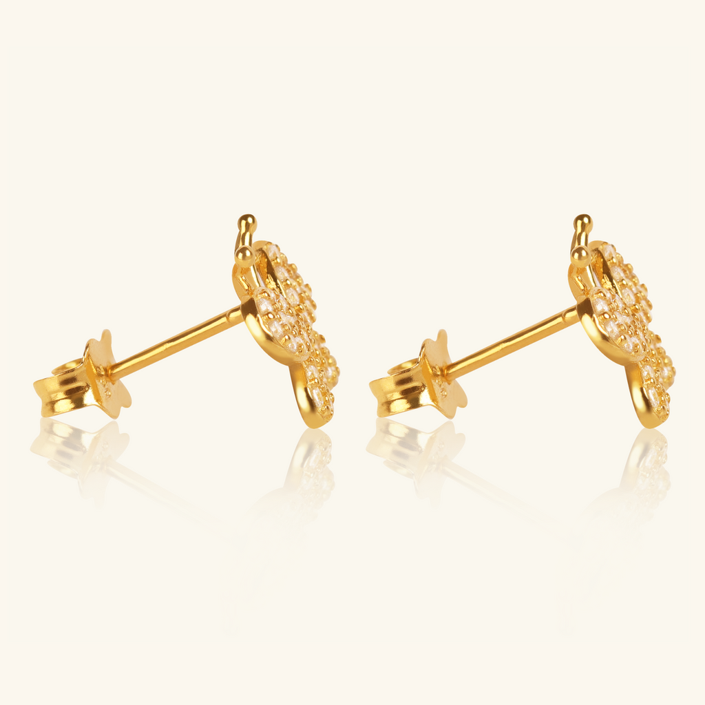 Close-up of Push back post lock clasp on Butterfly Pea Stud 18k gold