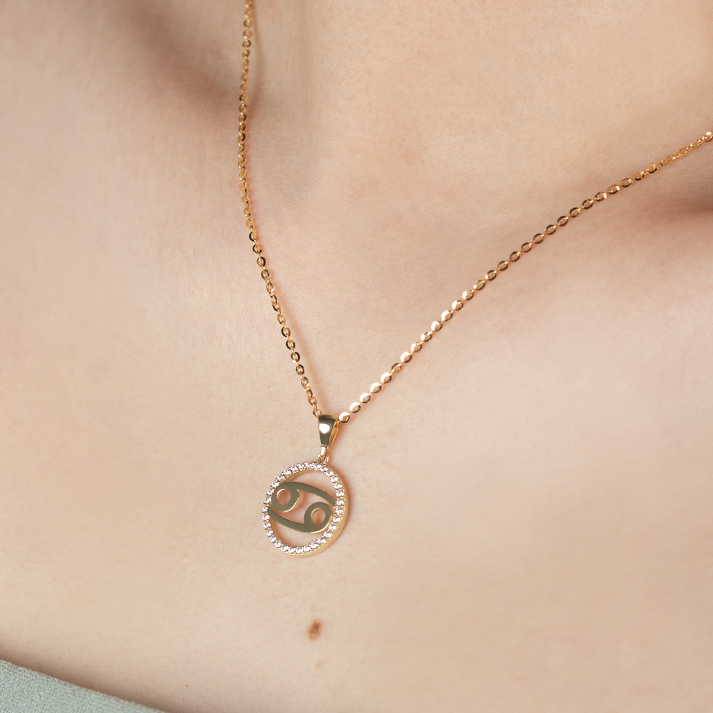 Cancer Pendant 14k gold stacked on model neck– Foundry
