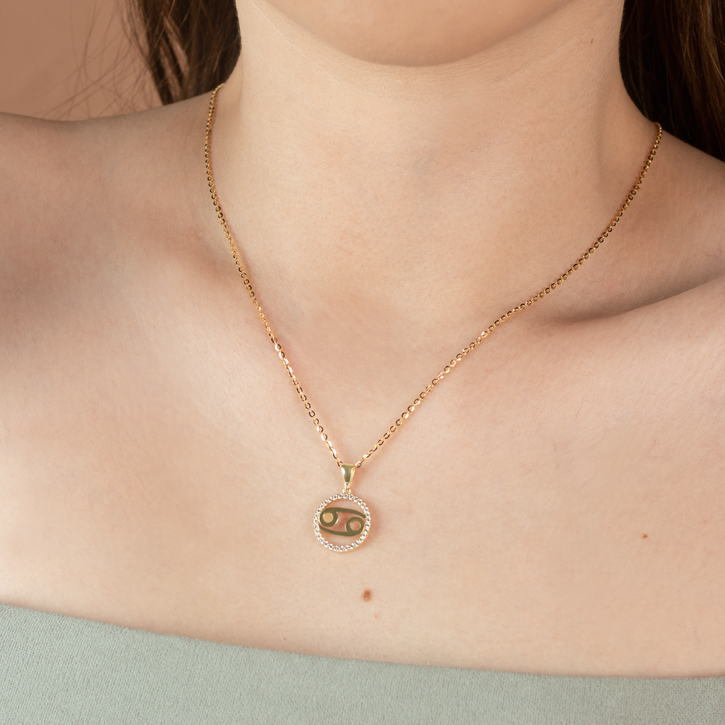 Cancer Pendant 14k gold stacked on model neck– Foundry