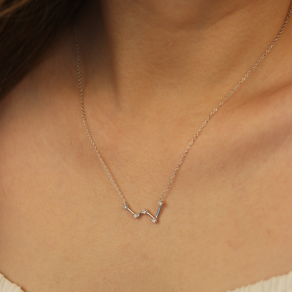 Cassiopeia Necklace Sterling Silver stacked on model neck– Foundry