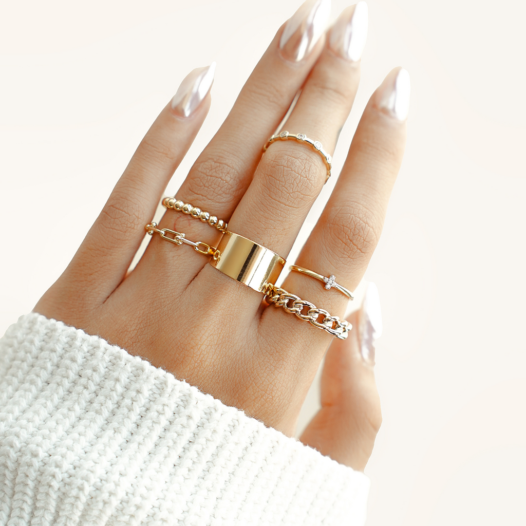 Celestial Stacker Ring 14k gold stacked on model finger – Foundry