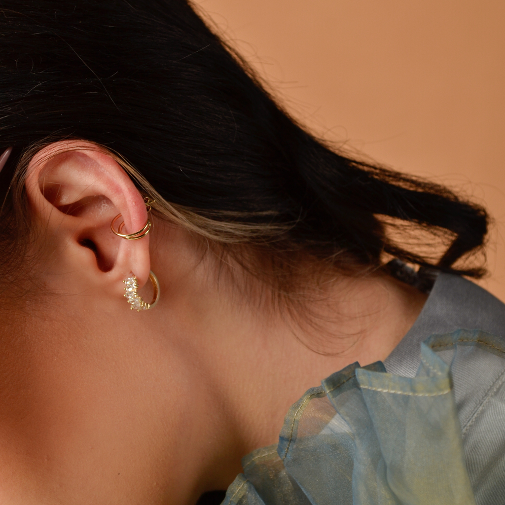 Cluster Baguette Hoops 14k gold stacked on model ear – Foundry