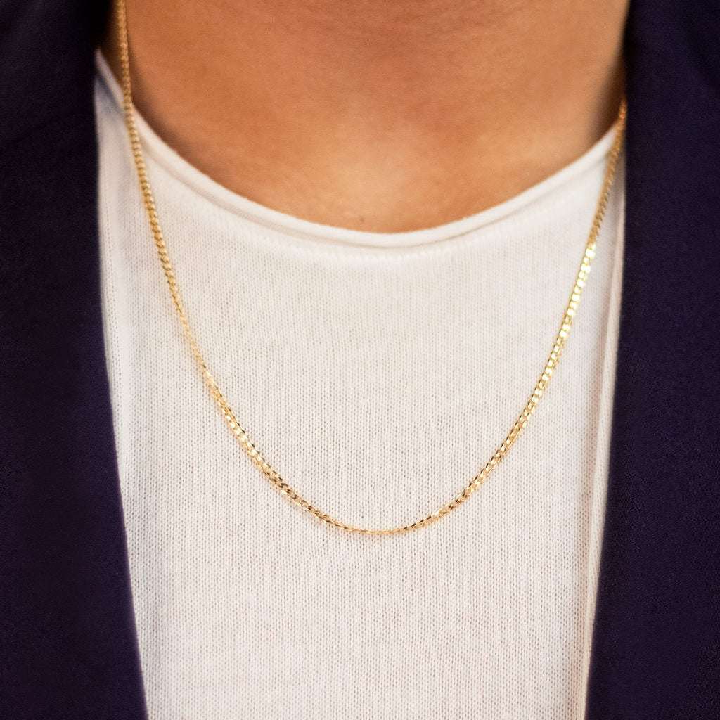 Concave Curb Chain Necklace 18k gold stacked on model neck – Foundry