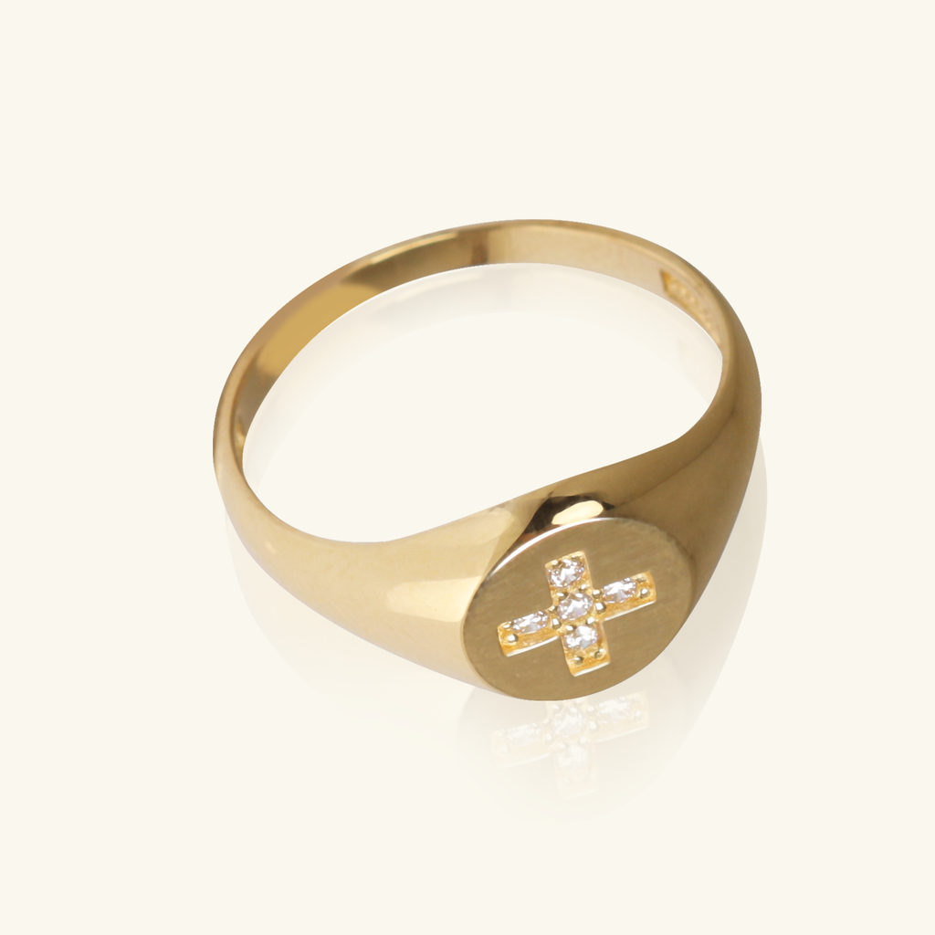 18k gold Crossing Signet Ring, front view – Foundry Jewelry