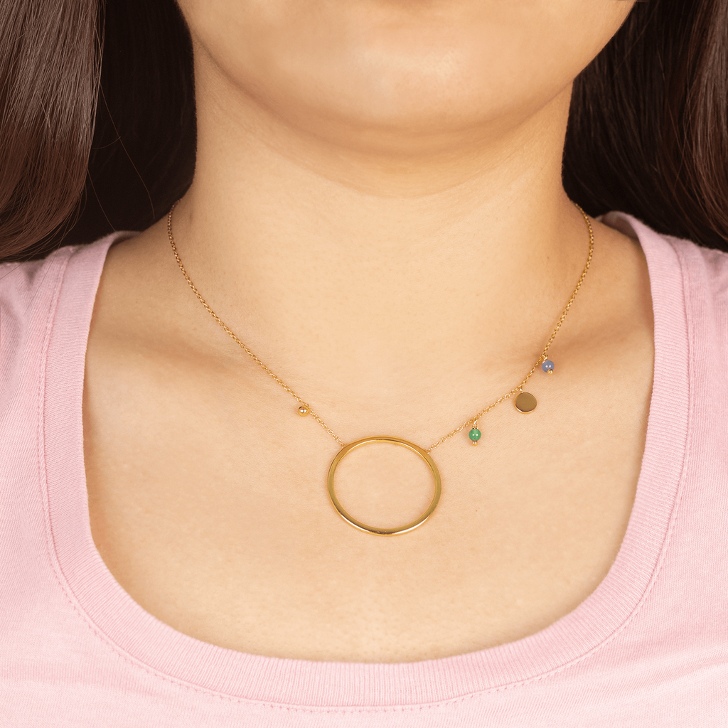 Daiane Necklace Gold Vermeil stacked on model neck – Foundry