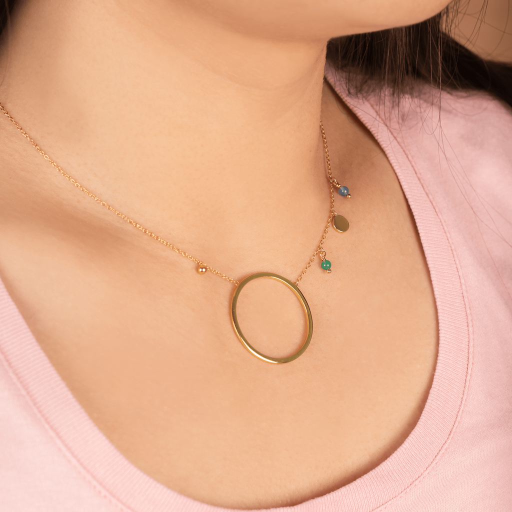 Daiane Necklace Gold Vermeil stacked on model neck – Foundry