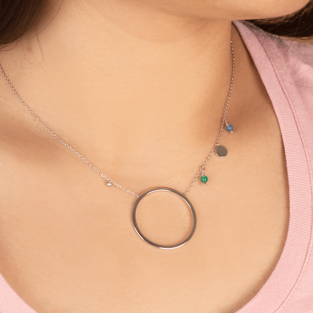 Daiane Necklace Sterling Silver stacked on model neck – Foundry