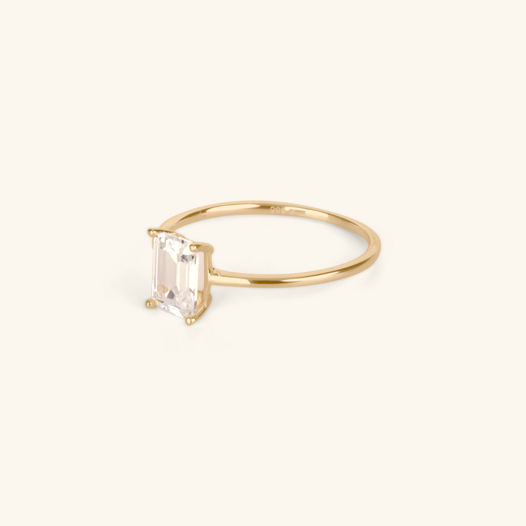 Close-up of Emerald Cut Stacker Ring 14k gold – Foundry