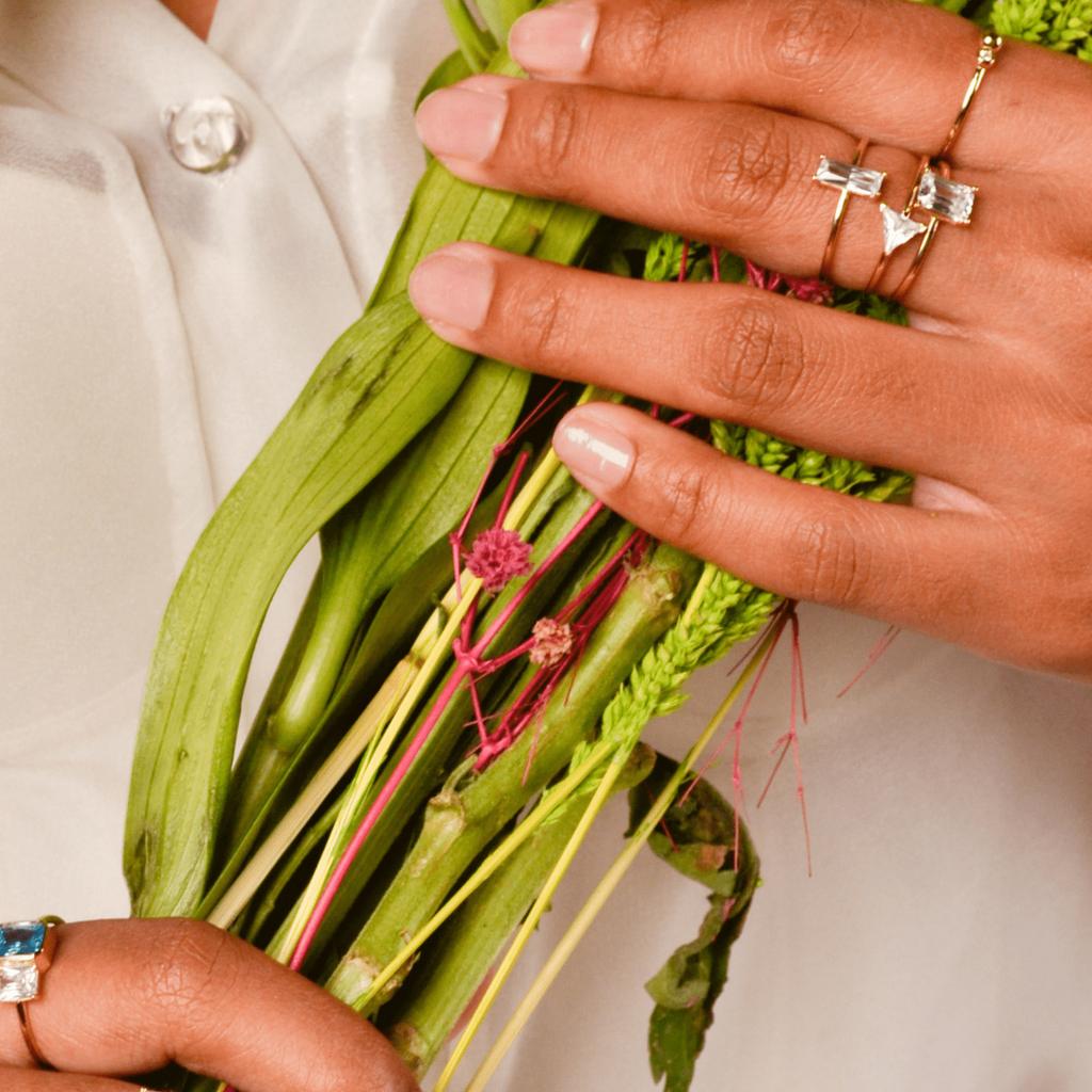 Emerald Cut Stacker Ring 14k gold stacked  model finger  – Foundry
