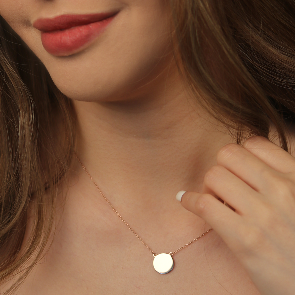 Engravable Blank Disc Necklace Rose Gold Vermeil stacked on model neck – Foundry