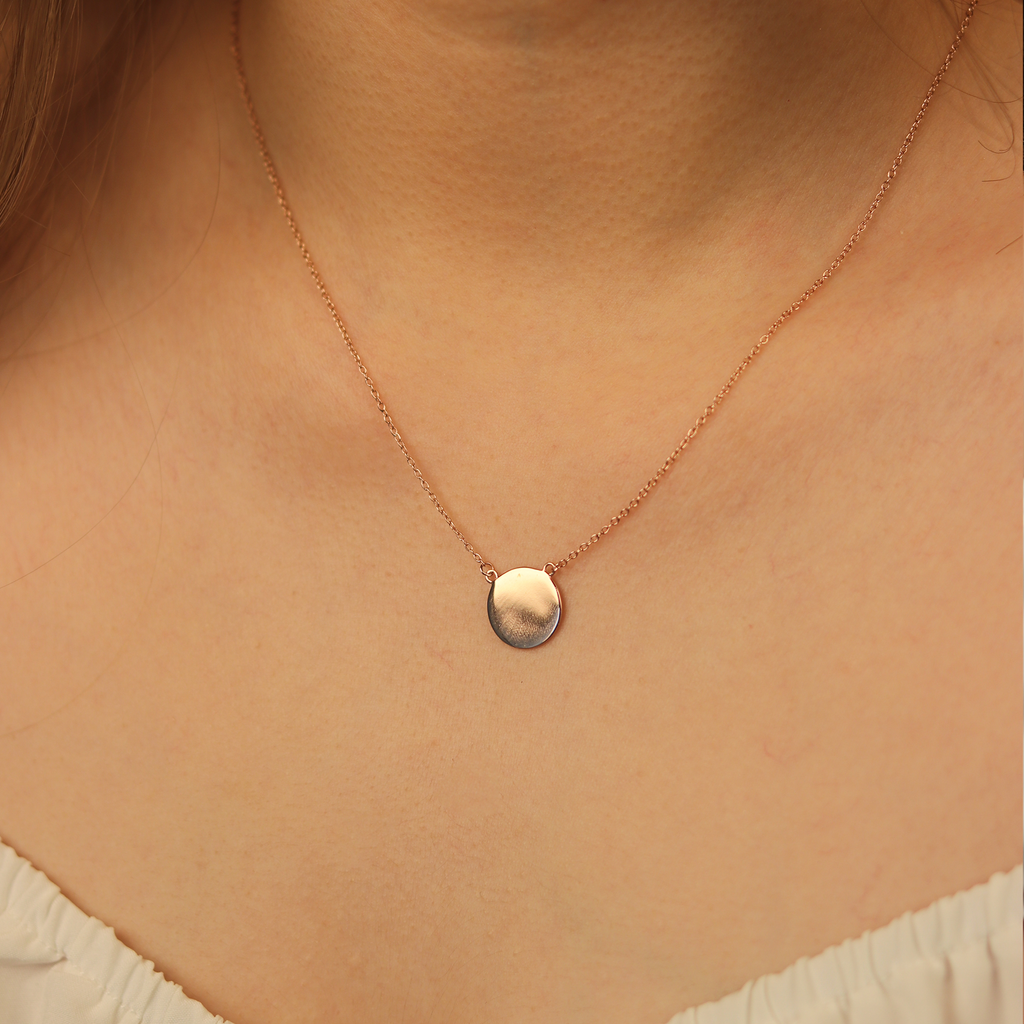 Engravable Blank Disc Necklace Rose Gold Vermeil stacked on model neck – Foundry