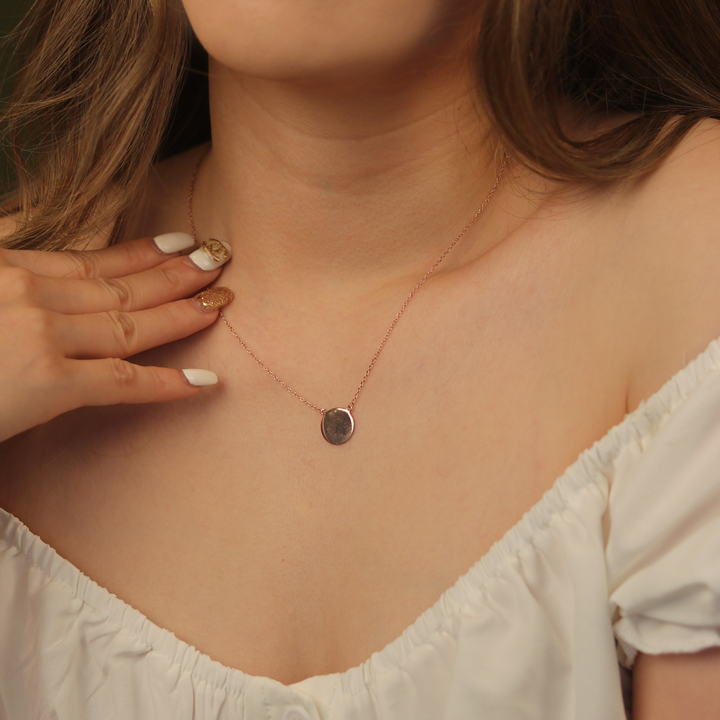Engravable Blank Disc Necklace Rose Gold Vermeil stacked on model neck – Foundry