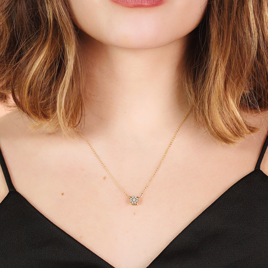 Flower Pendant Necklace 14k gold stacked on model neck – Foundry