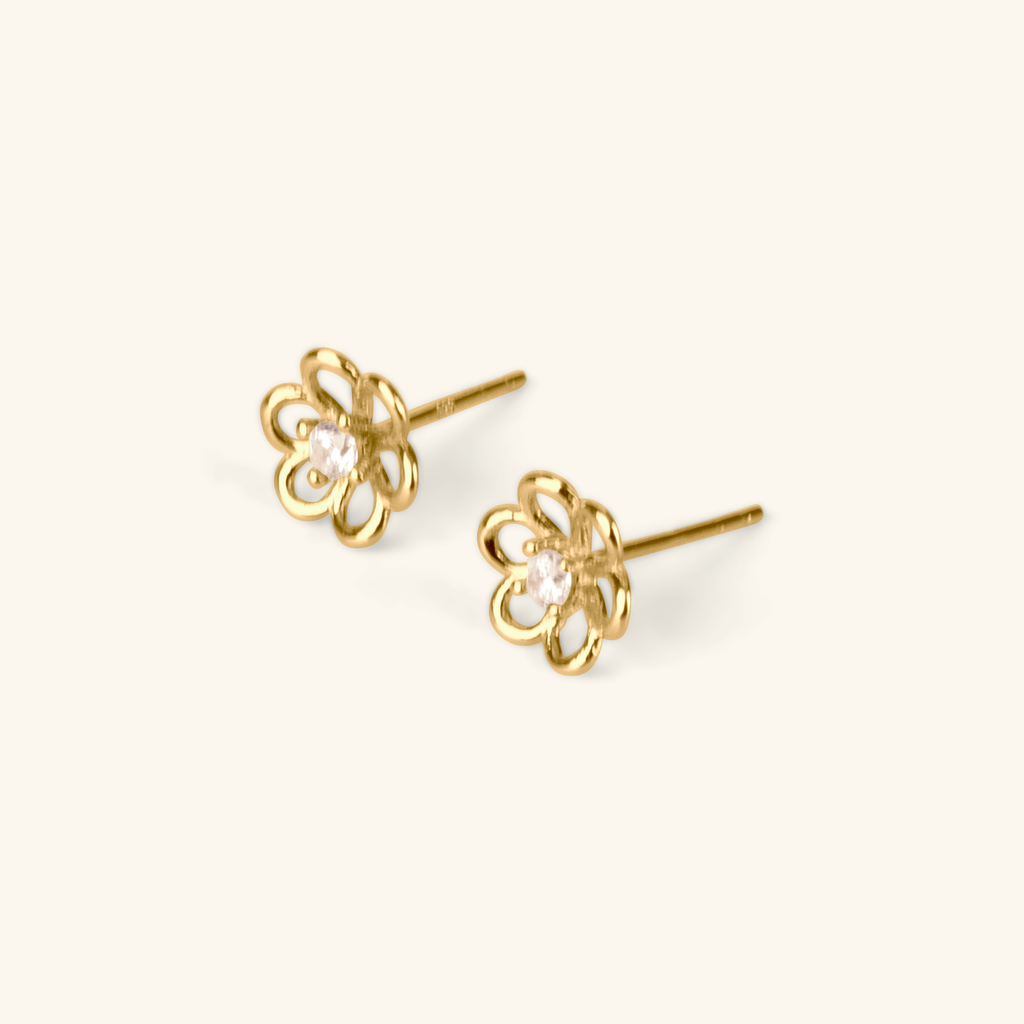 Close-up of push back post lock on Flower Solo Studs 14k gold – Foundry