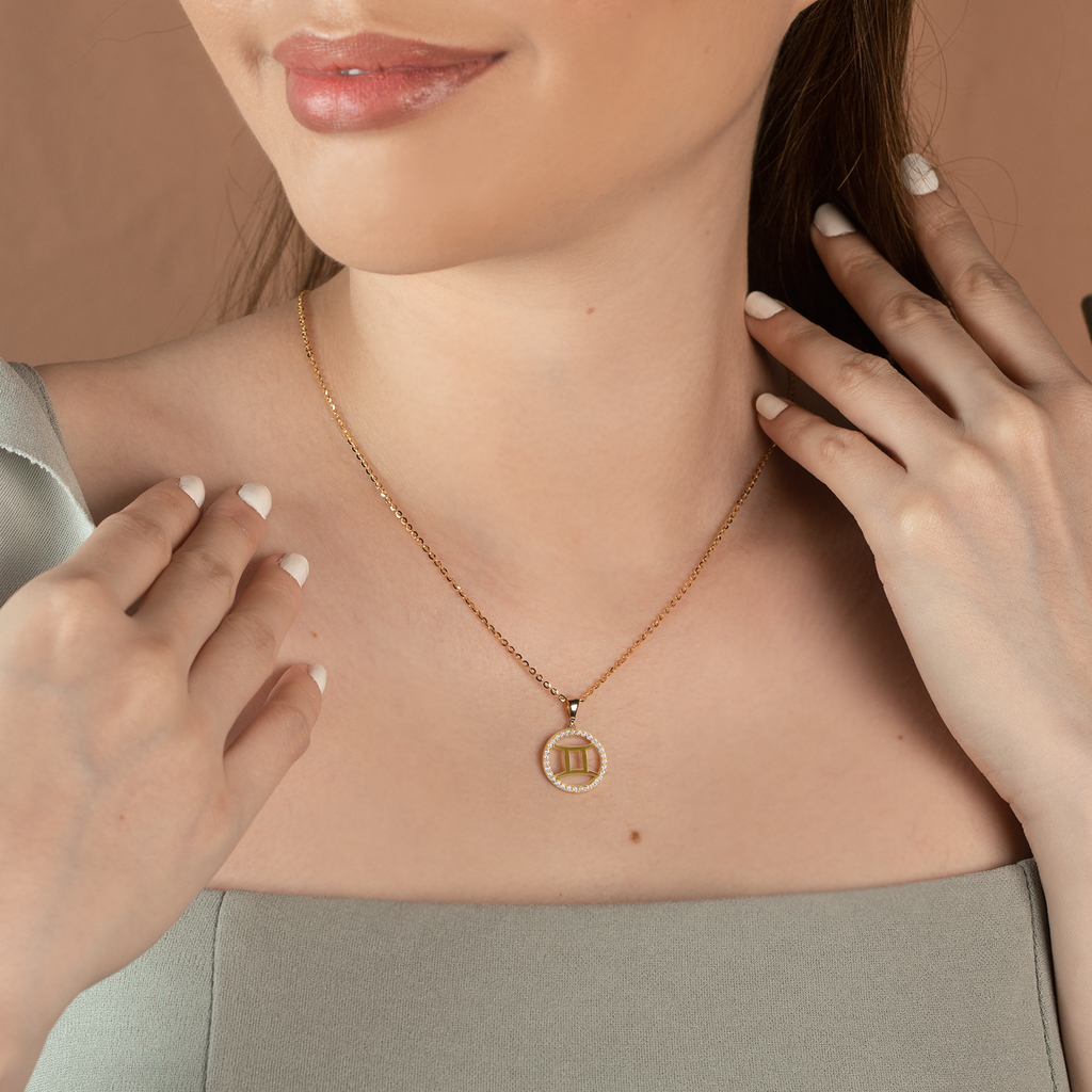 Gemini Pendant 14k gold stacked on model neck– Foundry