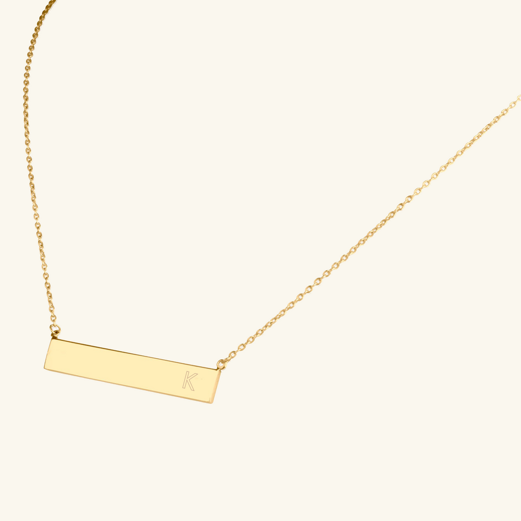 14k gold Horizon Engravable Bar Necklace, front view – Foundry Jewelry