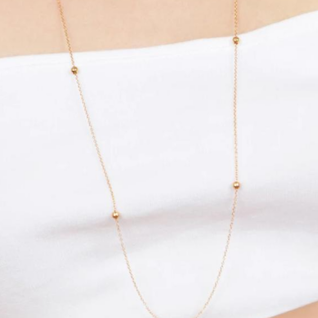 Infinity Long Chain Necklace Gold Vermeil stacked on model neck – Foundry