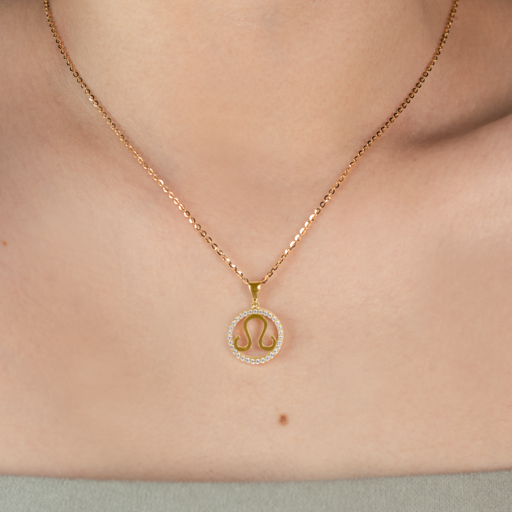 Leo Pendant 14k gold stacked on model neck – Foundry