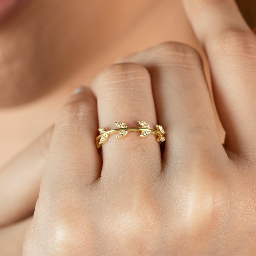 Lily Ring 14k gold stacked on model finger – Foundry
