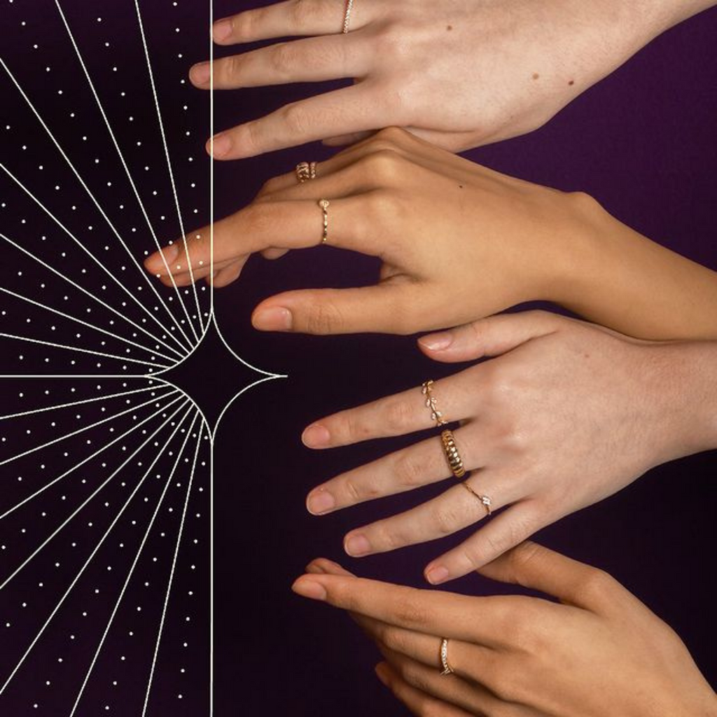 Lily Ring 14k gold stacked on model finger – Foundry