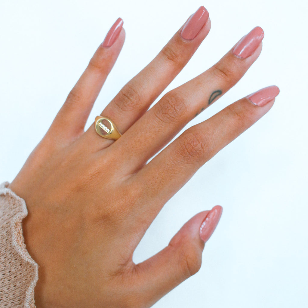 Line Signet Ring 18k gold stacked on model finger – Foundry