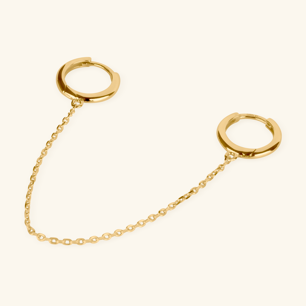 Close-up of saddle back on Long Chain  Huggie Earrings 14k gold – Foundry