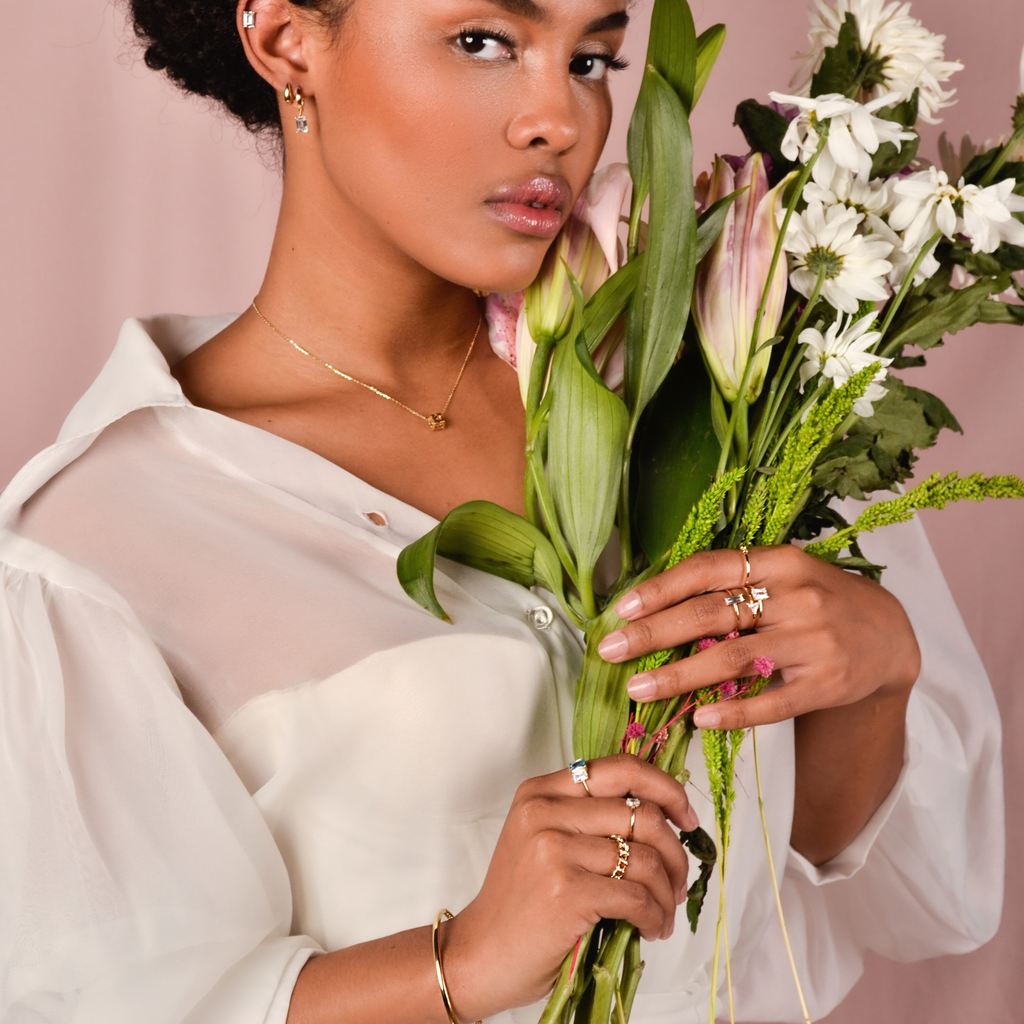 Emerald Cut Stacker Ring 14k gold stacked  model finger  – Foundry