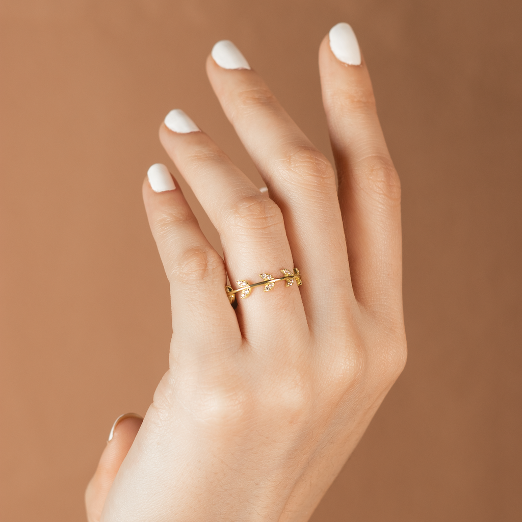 Lily Ring 14k gold stacked on model finger – Foundry
