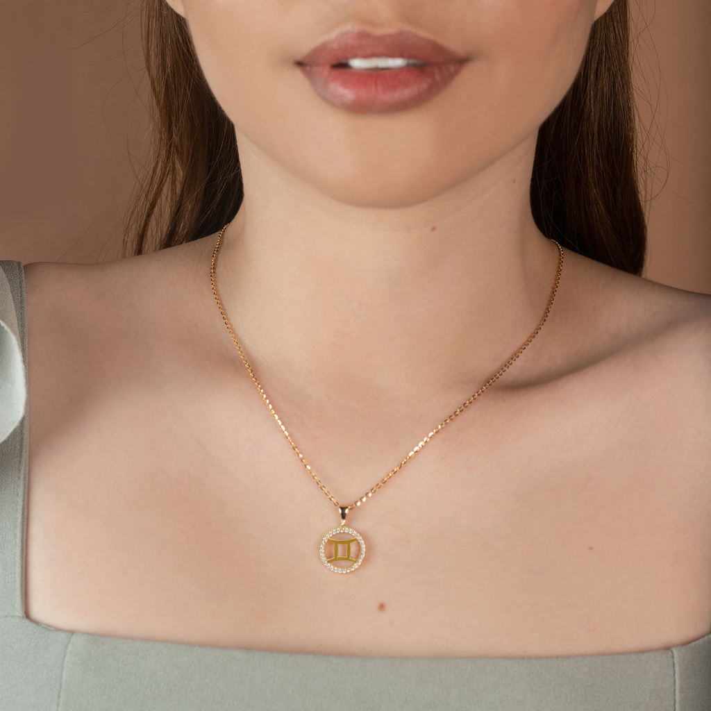 Gemini Pendant 14k gold stacked on model neck– Foundry
