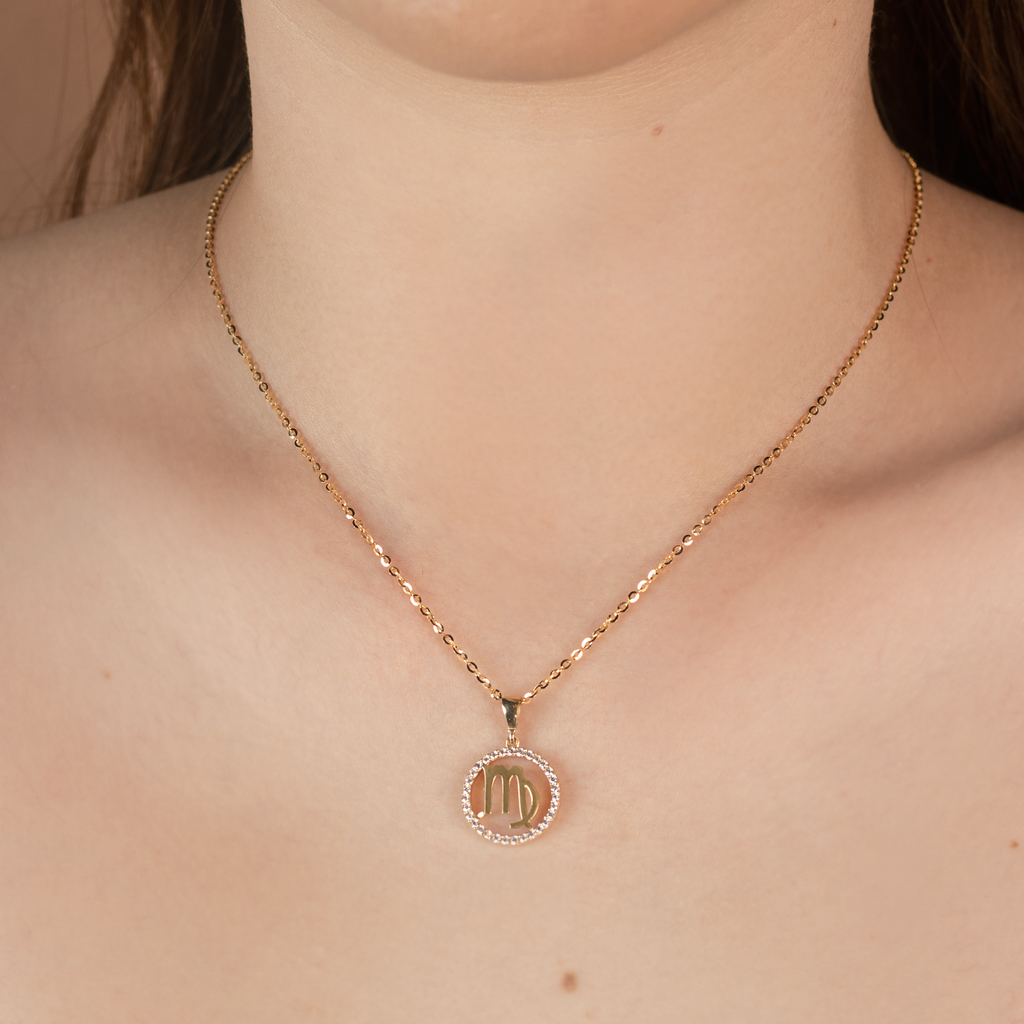 Virgo Pendant 14k gold stacked on model neck – Foundry