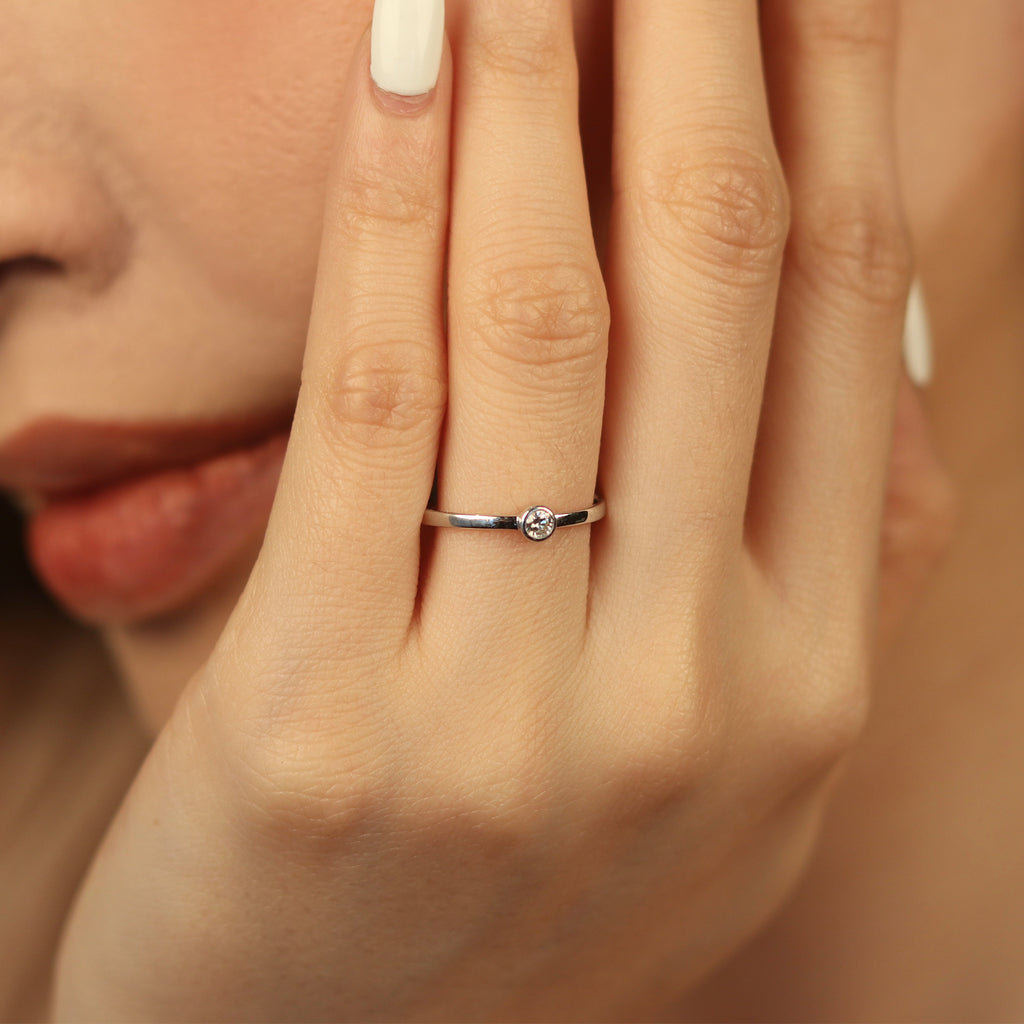 Solo Diamond Ring White Gold 14k gold stacked on model finger – Foundry