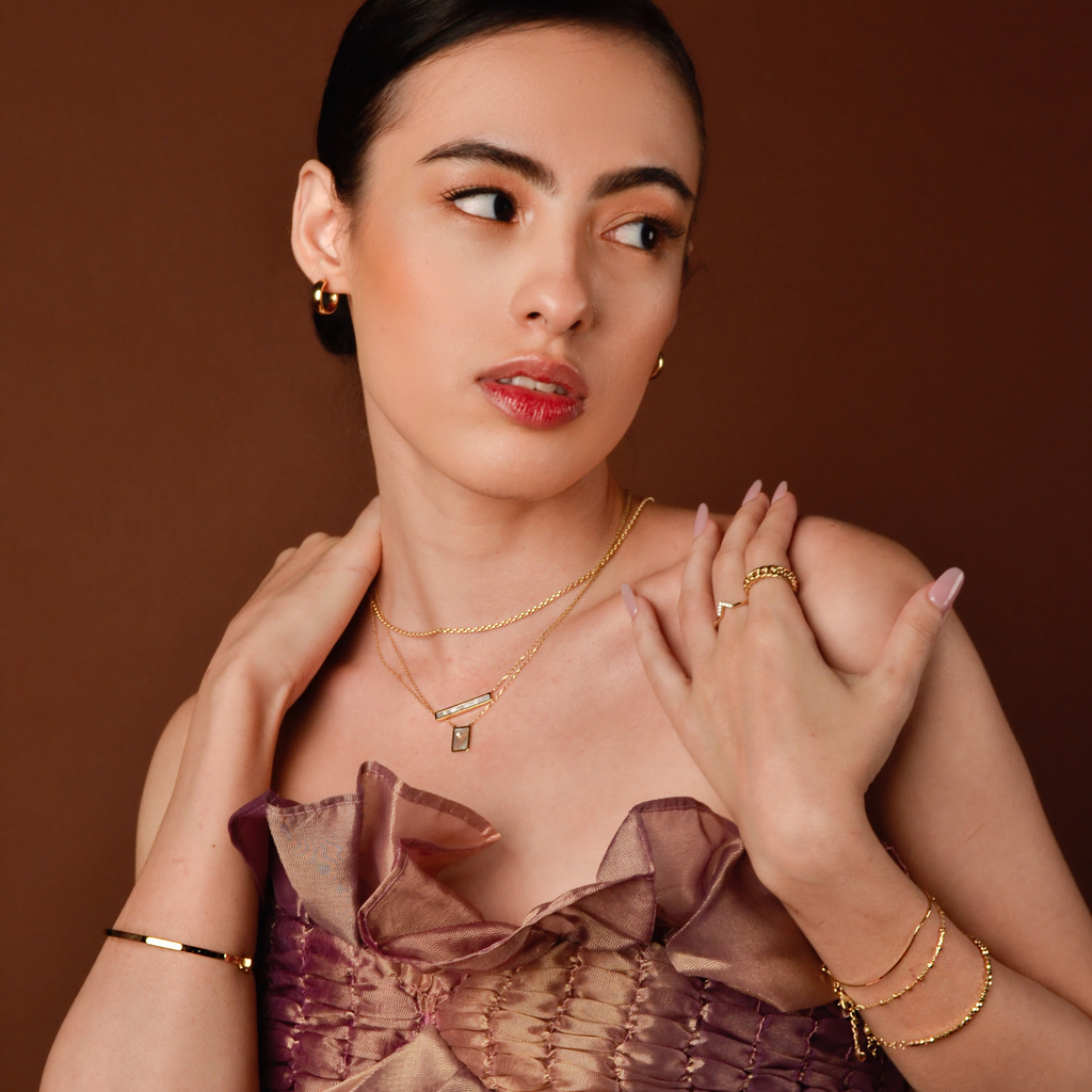 Mother of Pearl Rectangular Necklace 14k gold stacked on model neck – Foundry