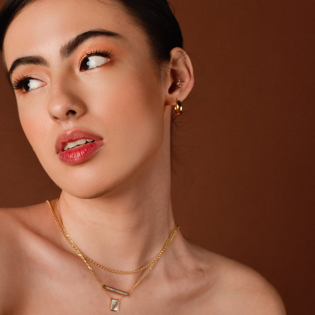 Mother of Pearl Rectangular Necklace 14k gold stacked on model neck – Foundry