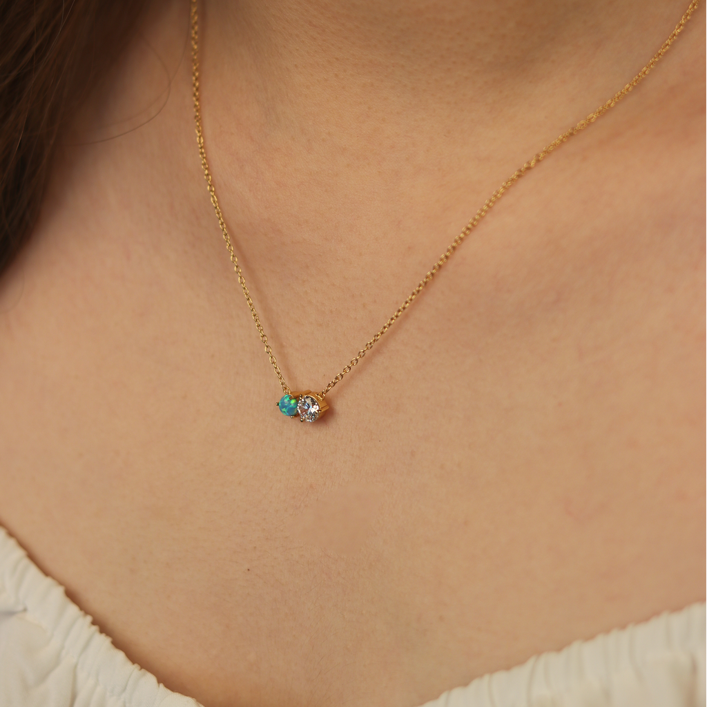 Opal Station Necklace Gold Vermeil stacked on model neck – Foundry