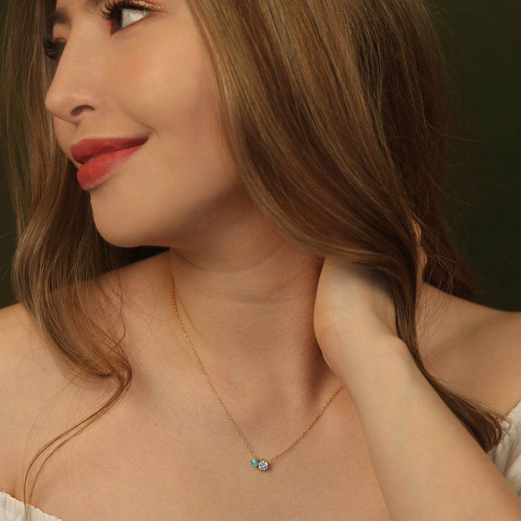 Opal Station Necklace Gold Vermeil stacked on model neck – Foundry