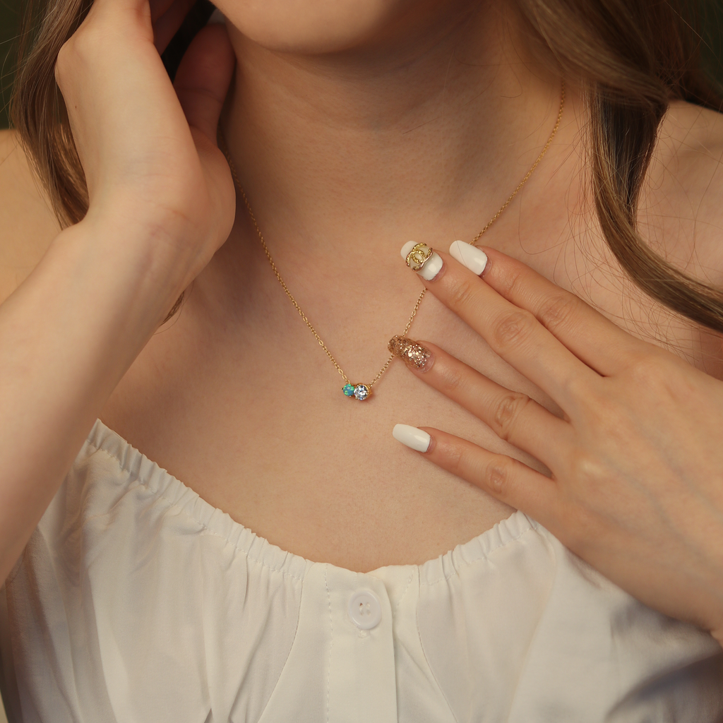 Opal Station Necklace Gold Vermeil stacked on model neck – Foundry