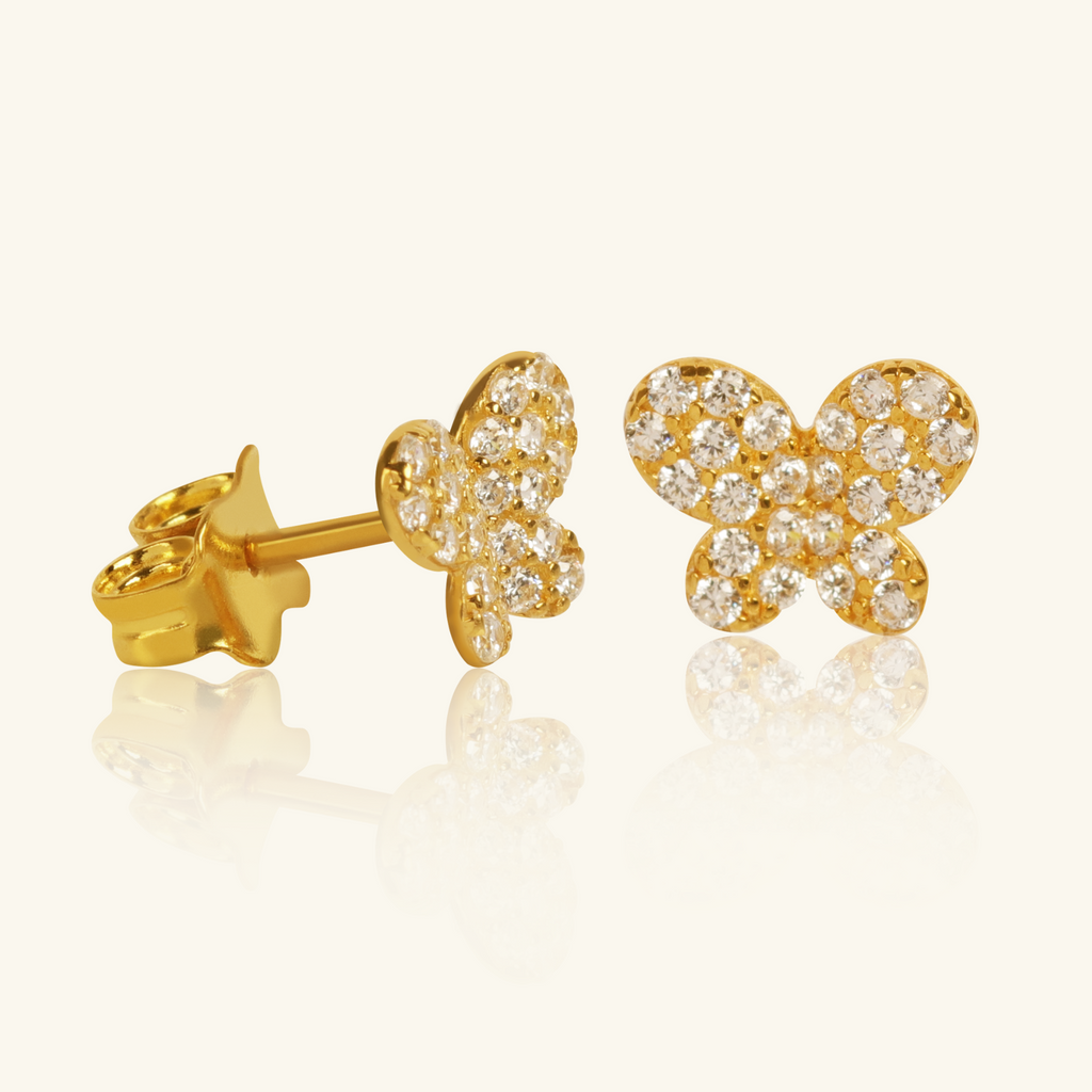 Close-up of Push back post lock clasp on Pavé Butterfly Studs 18k gold – Foundry