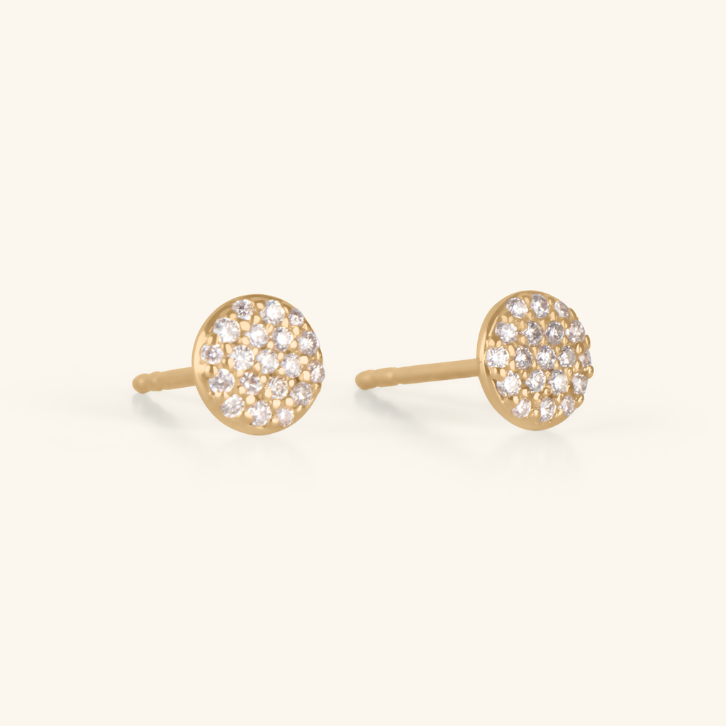 14k gold Pavé Diamond Round Studs, front view – Foundry Jewelry