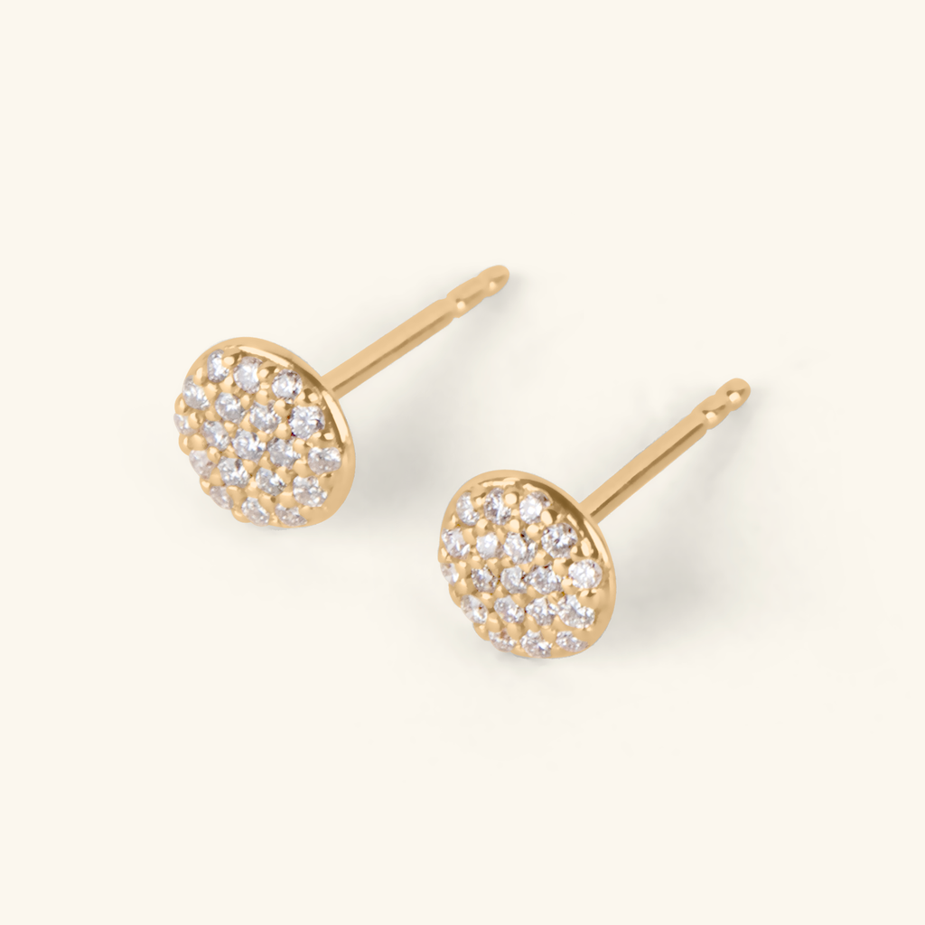 Close-up of Pavé Diamond Round Studs 14k gold – Foundry