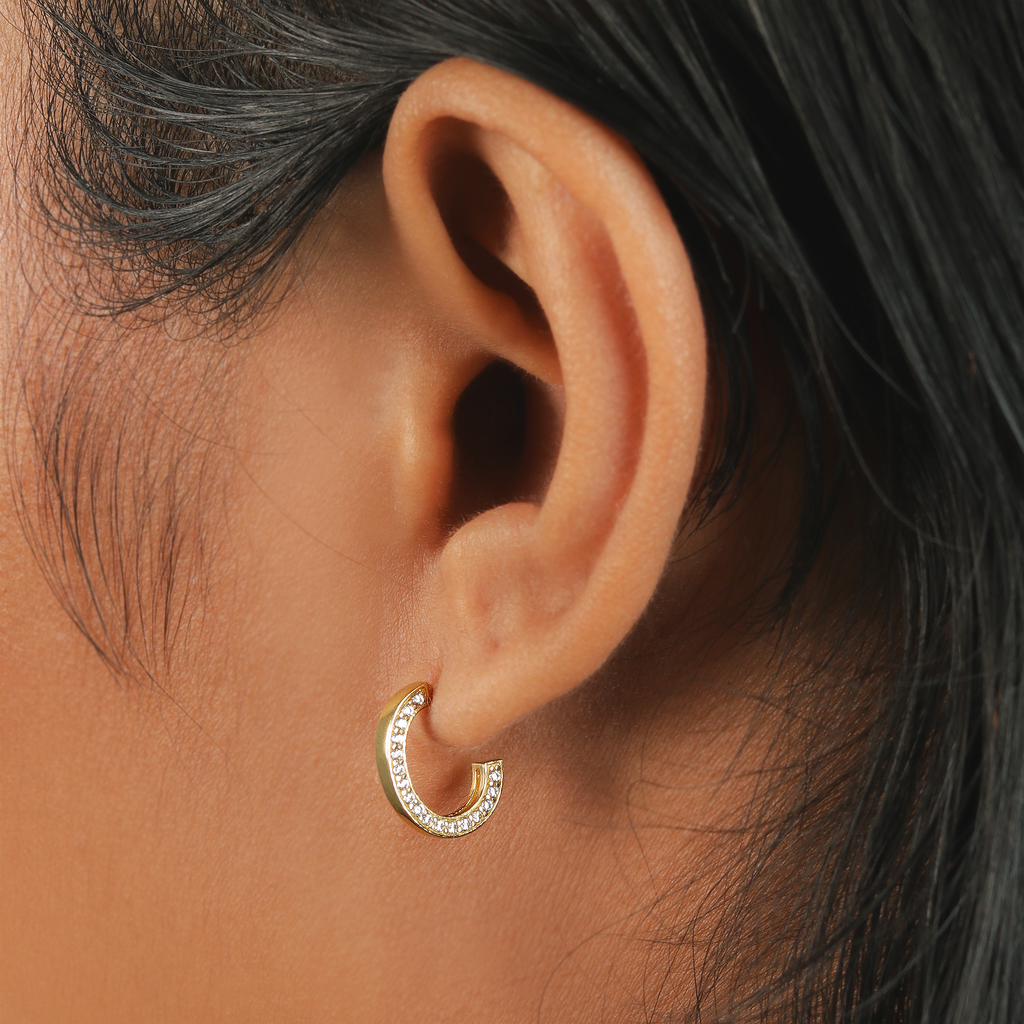 Pave Side Midi Hoops 14k gold stacked on model ear – Foundry