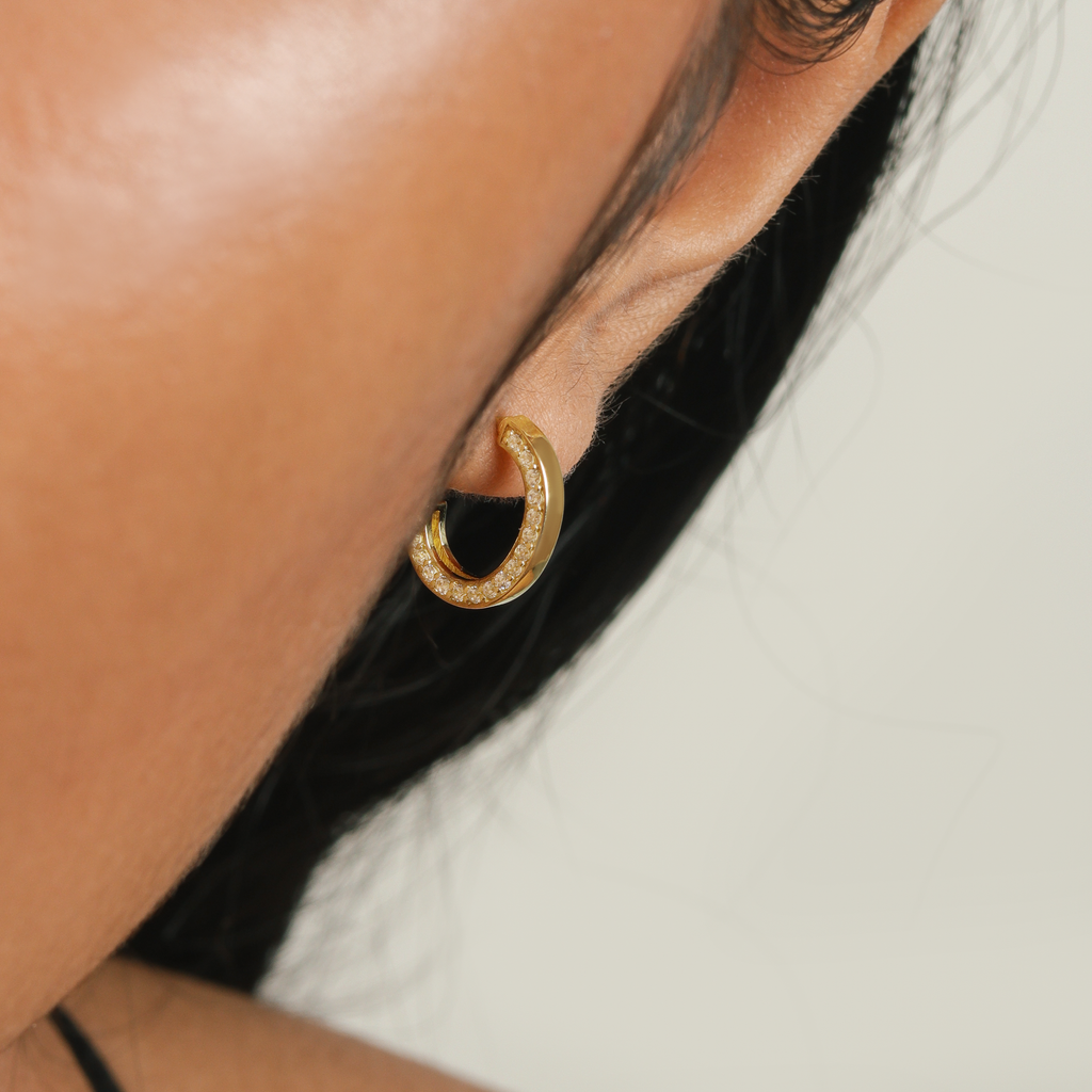 Pave Side Midi Hoops 14k gold stacked on model ear – Foundry