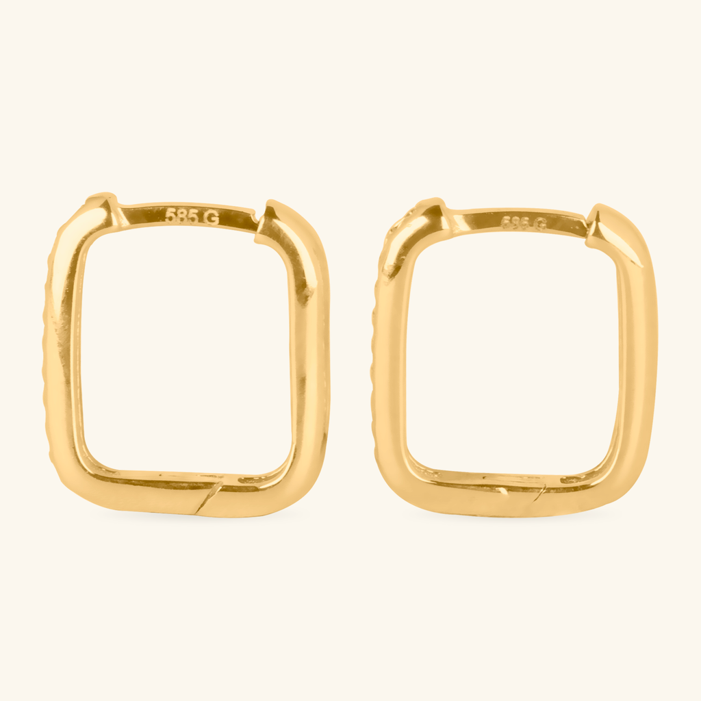 Close-up of saddle back on Pave Square Hoops 14k gold – Foundry